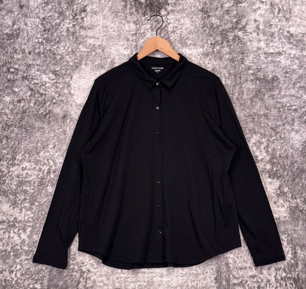 Eileen Fisher Shirt Large Womens Black Organic Cotton Jersey Knit Long Sleeve